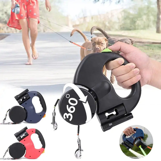 360 Degree Dual Retractable Dog Leash with LED light and Bag Dispenser